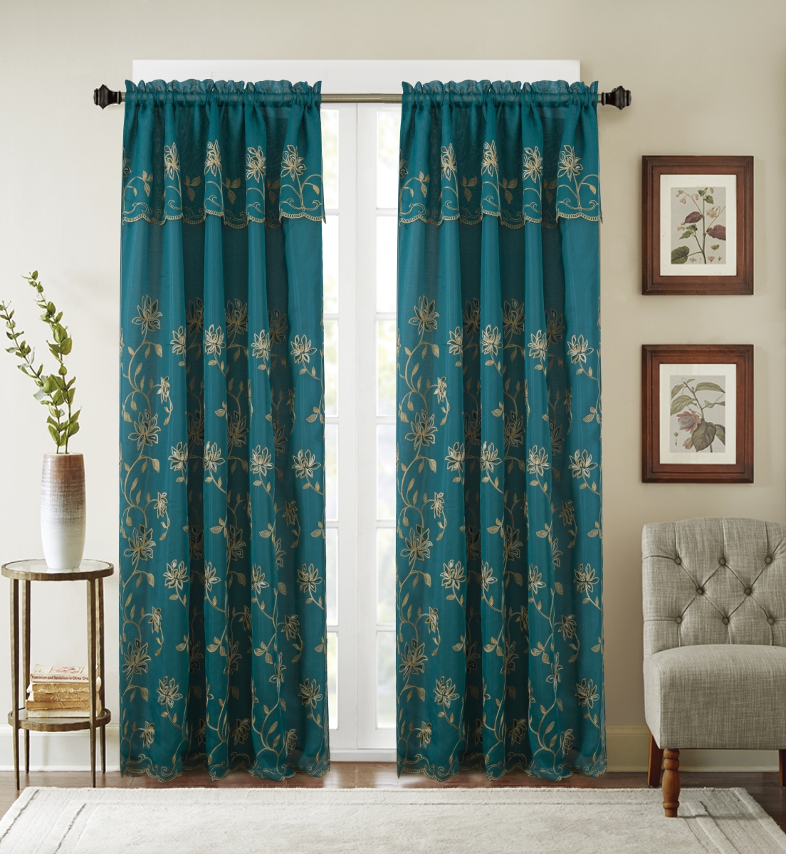 Pnd23691 54 X 84 In. Durant Floral Embroidered Single Rod Pocket Curtain Panel With Attached Valance, Teal