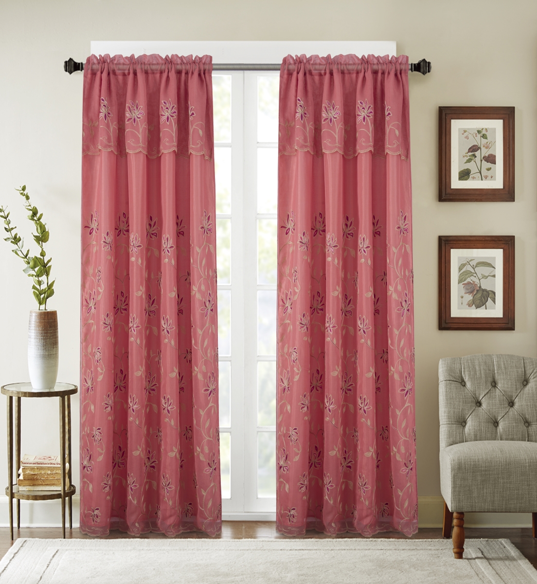 Pnd23693 54 X 84 In. Durant Floral Embroidered Single Rod Pocket Curtain Panel With Attached Valance, Terracotta