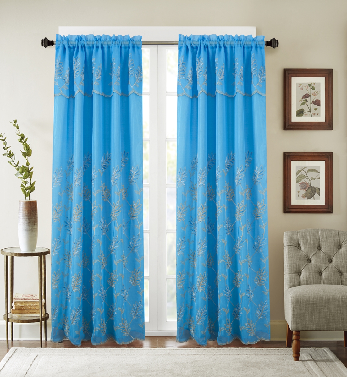 Pnb23708 54 X 90 In. Burton Floral Embroidered Single Rod Pocket Curtain Panel With Attached Valance, Blue