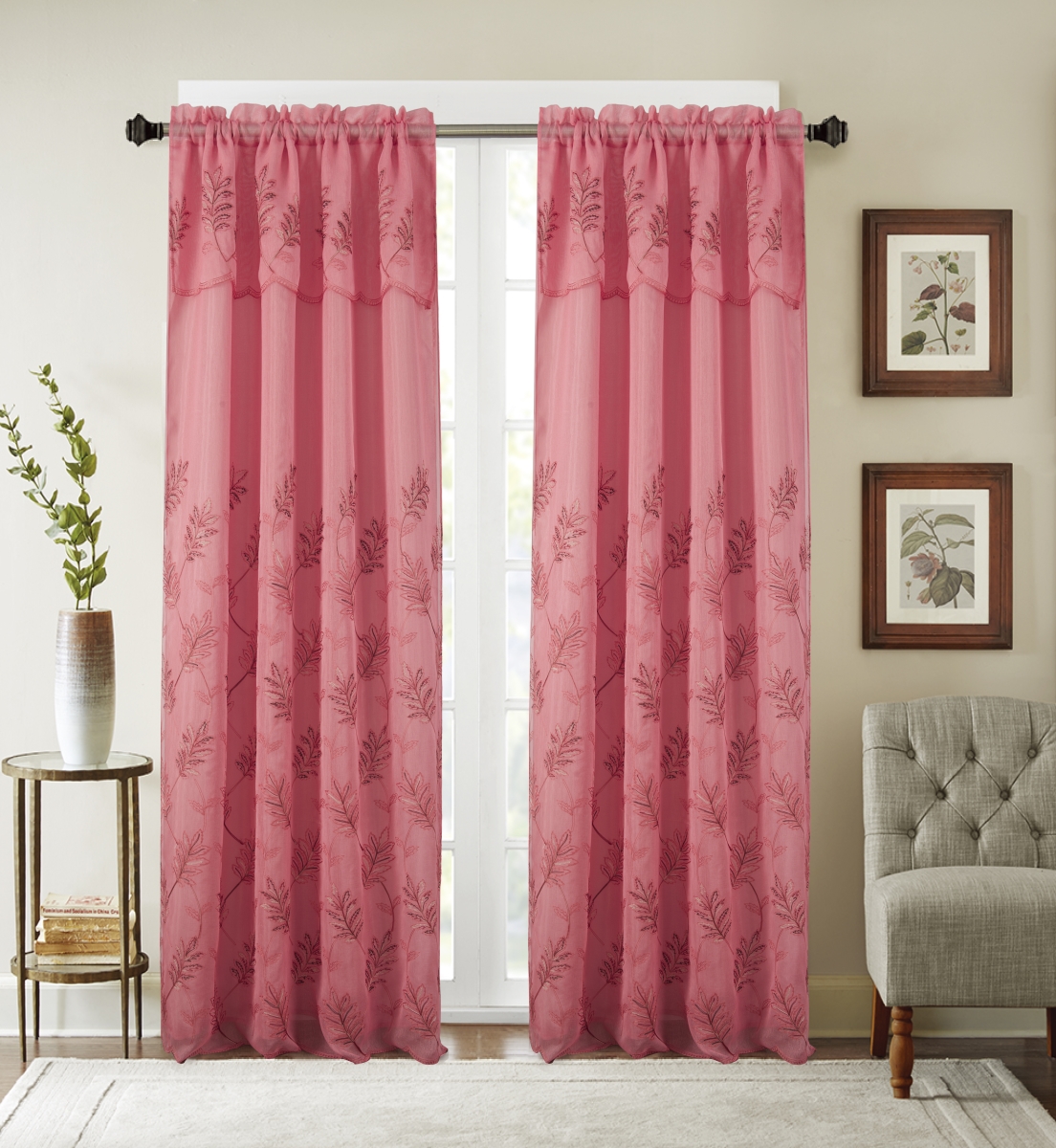 Pnb23724 54 X 90 In. Burton Floral Embroidered Single Rod Pocket Curtain Panel With Attached Valance, Coral
