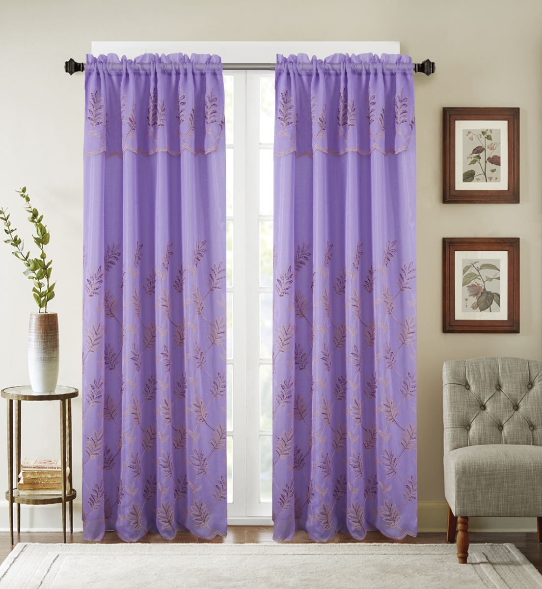 Pnb23746 54 X 90 In. Burton Floral Embroidered Single Rod Pocket Curtain Panel With Attached Valance, Lilac
