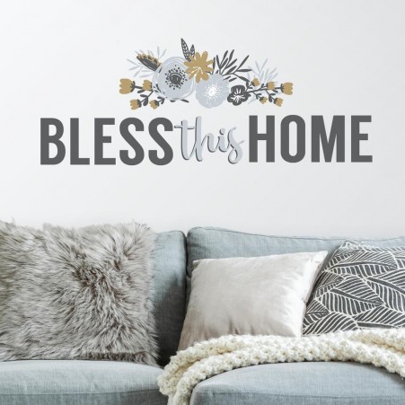 Bless This Home Floral Quote Peel & Stick Wall Decals, Blue, Gray & Gold