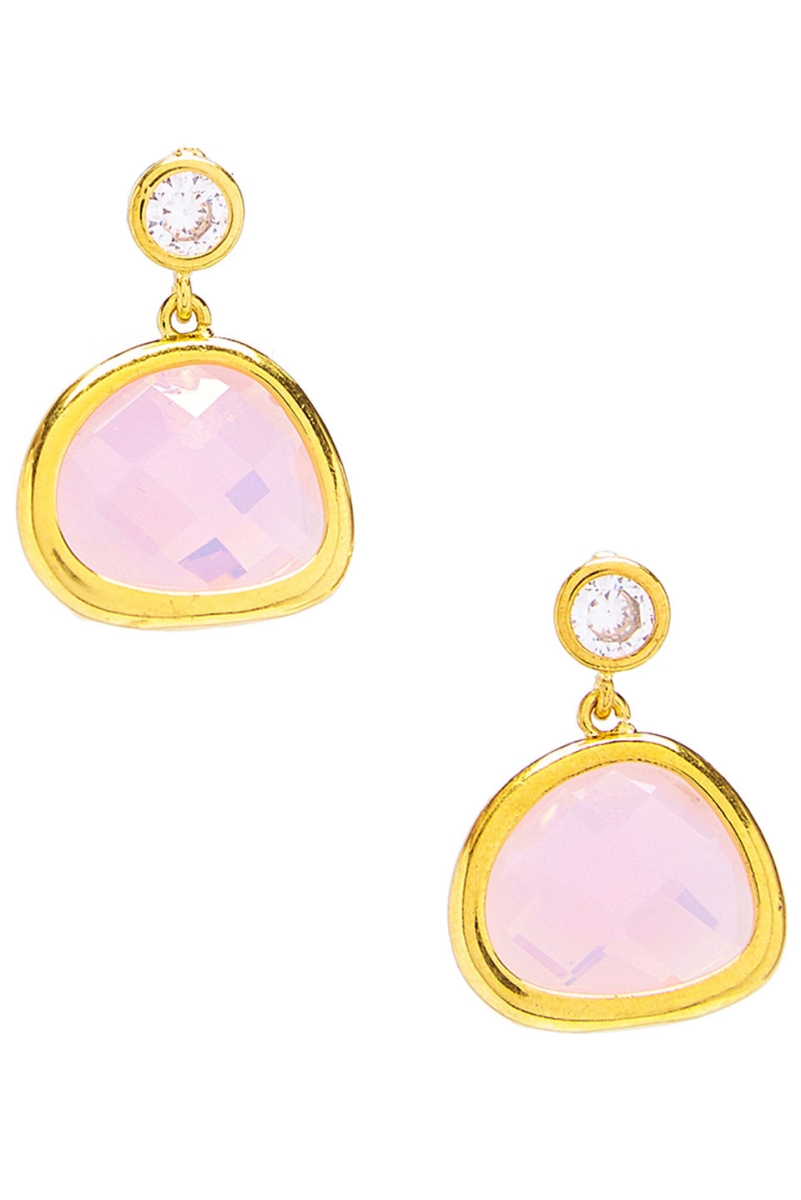 Double Drop Round Freeform & Bezel Gemstone Earrings, Pink Chalcedony