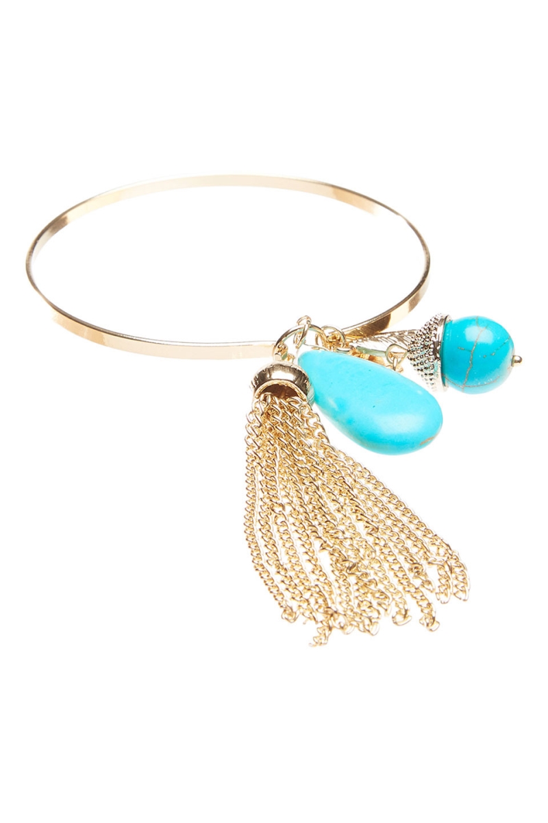 Gemstone Charm Bracelet With Cascade Chain Tassel, Turquoise