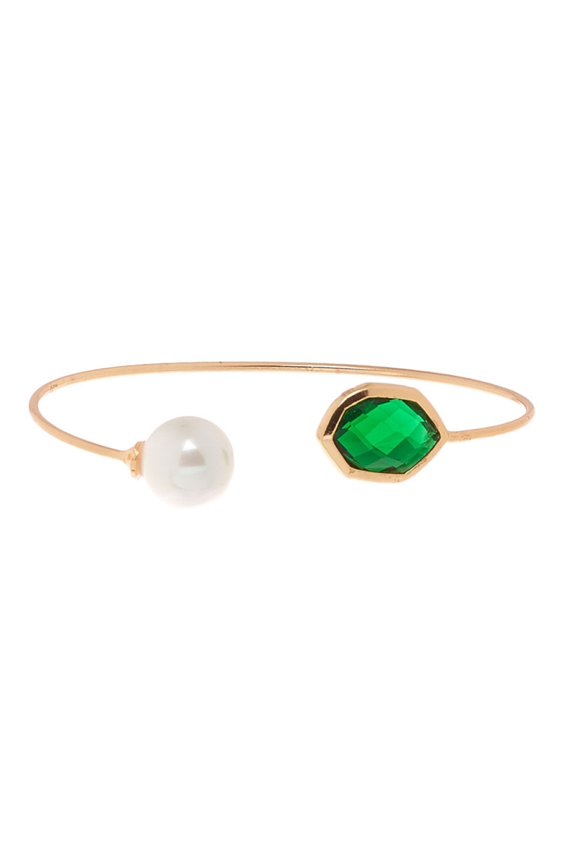 610210212704 Emerald Shaped Gemstone & Pearl Open Bangle, Dyed Emerald