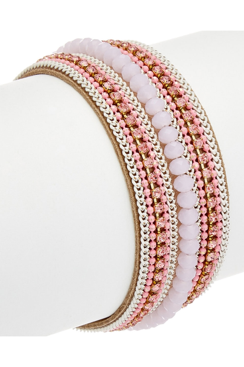 610211408204 Beaded Leather Magnetic Clasp Bracelet, Pink Chalcedony