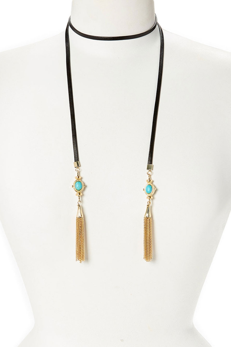 Lariat Choker Necklace With Gold Tassels, Turquoise