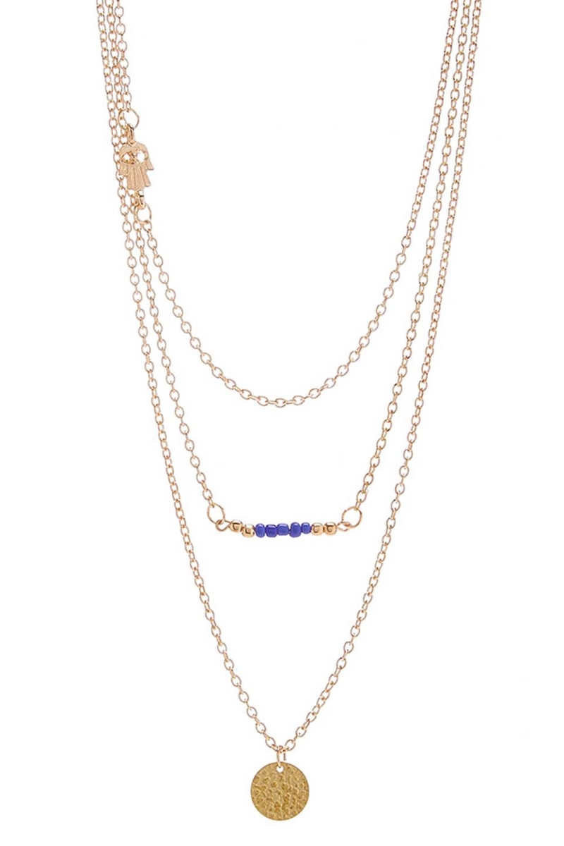 Triple Layer Charm Necklace With Hamsa & Skinny Quartz Bar, Sapphire Quartz
