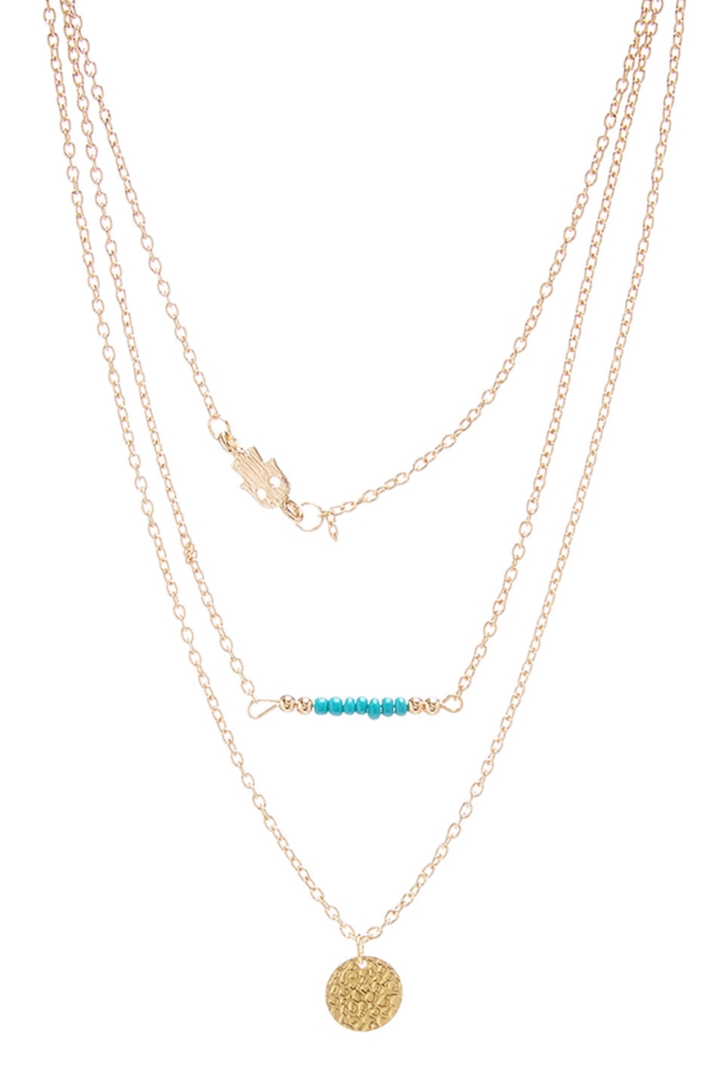 610311105612 Triple Layer Charm Necklace With Hamsa & Skinny Turquoise Bar