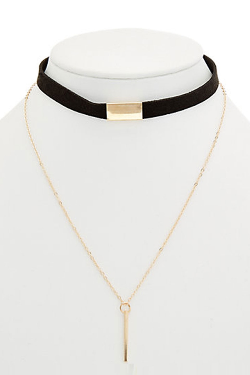 610311333121 Choker Necklace With Gold Bar Pendant, Black