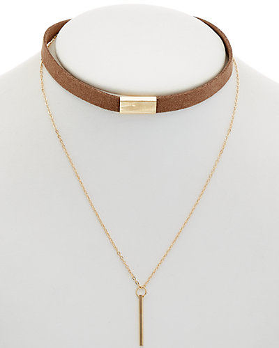 610311333984 Choker Necklace With Gold Bar Pendant, Tan