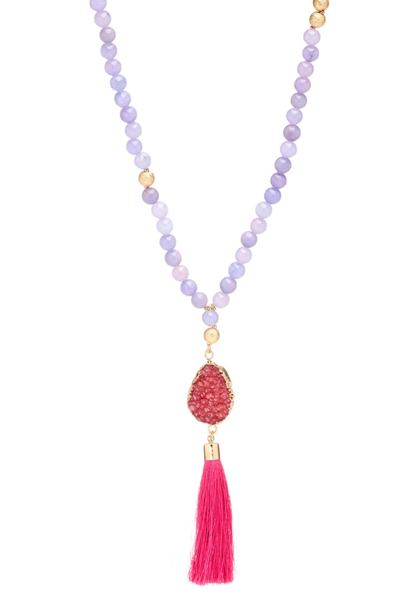 Gemstone & Gold Beaded Necklace With Druzy Tassel Pendant, Pink Druzy