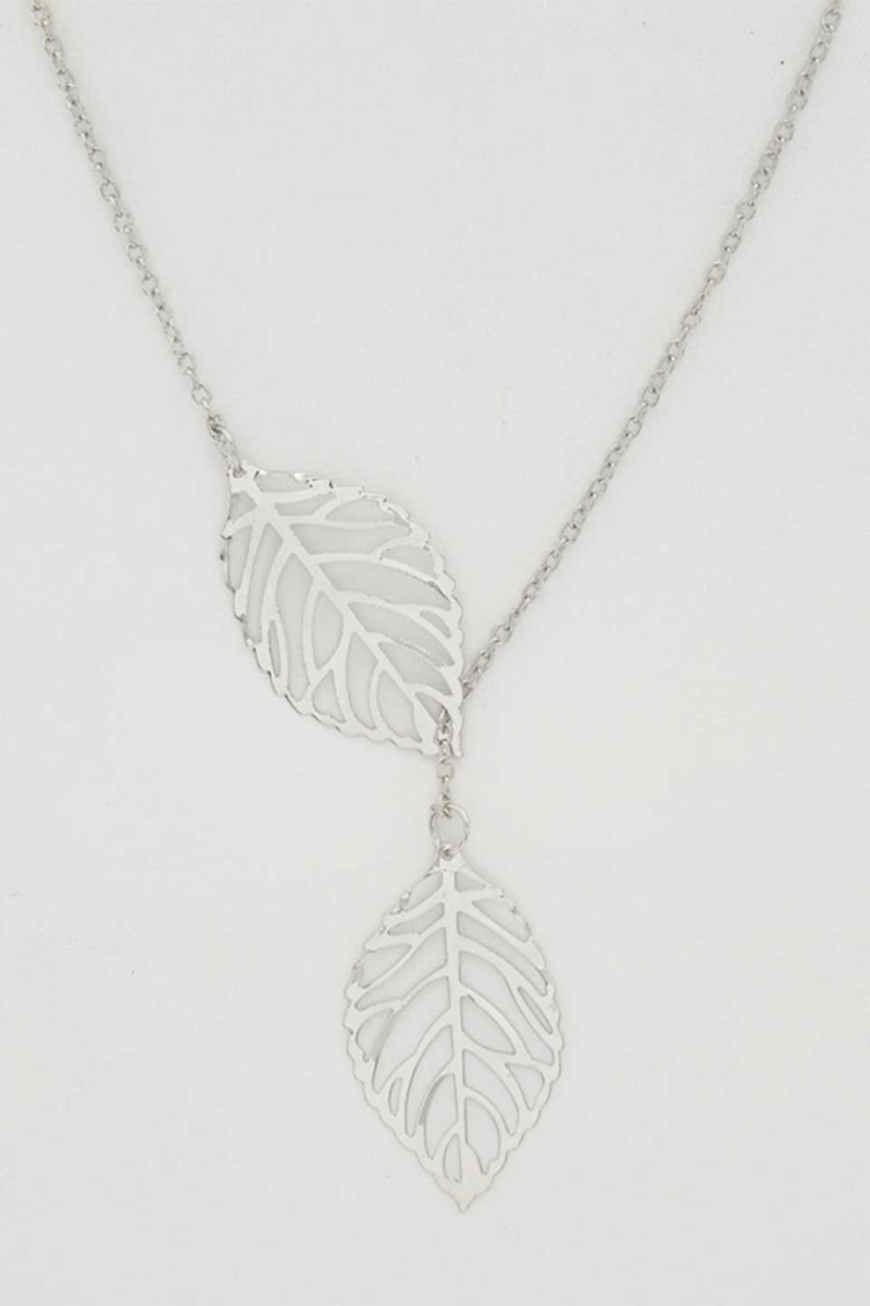 610311310011 Double Leaf Y Chain Necklace - Silver