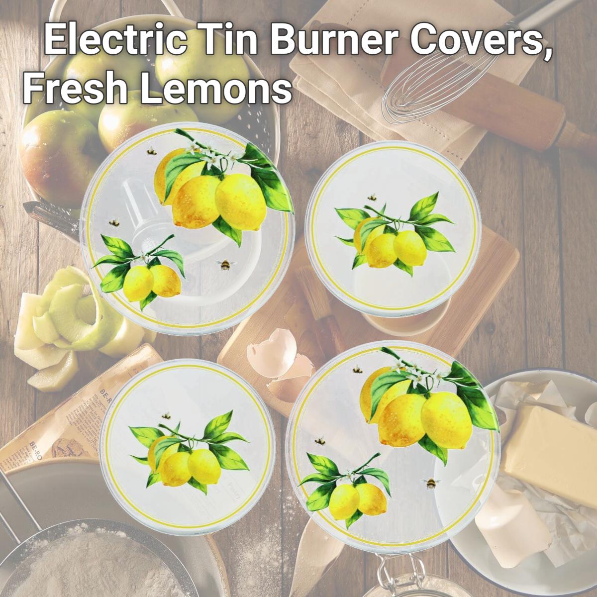 Picture of Reston Lloyd Burner Covers for Electric Stovetop, Decorative Lightweight Tin Covers, Set of 4 Covers (2-8 inch &amp; 2-10 inch), Conceals Messy Drip Pans  - Fresh Lemons