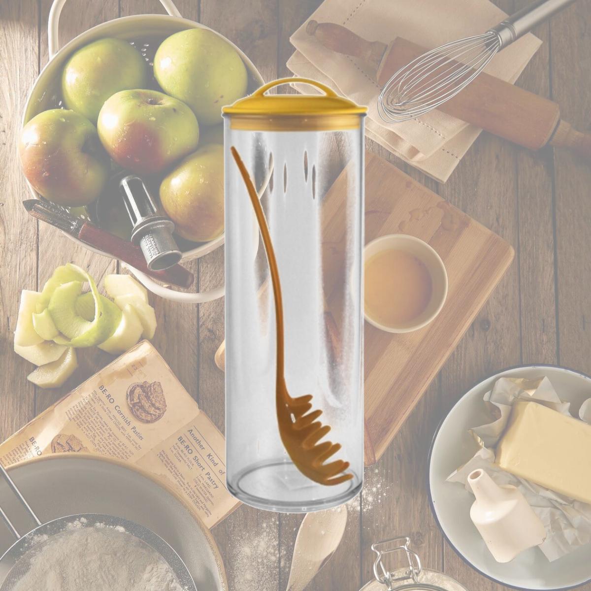 Picture of Reston Lloyd Spaghetti/Pasta Acrylic Canister with Matching Spaghetti Fork - Lemon