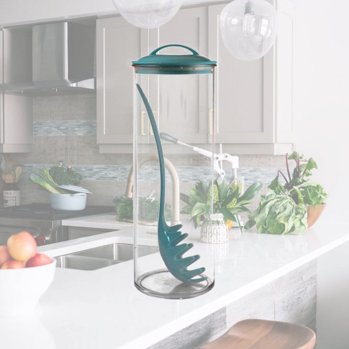 Picture of Reston Lloyd Spaghetti/Pasta Acrylic Canister with Matching Spaghetti Fork - Turquoise