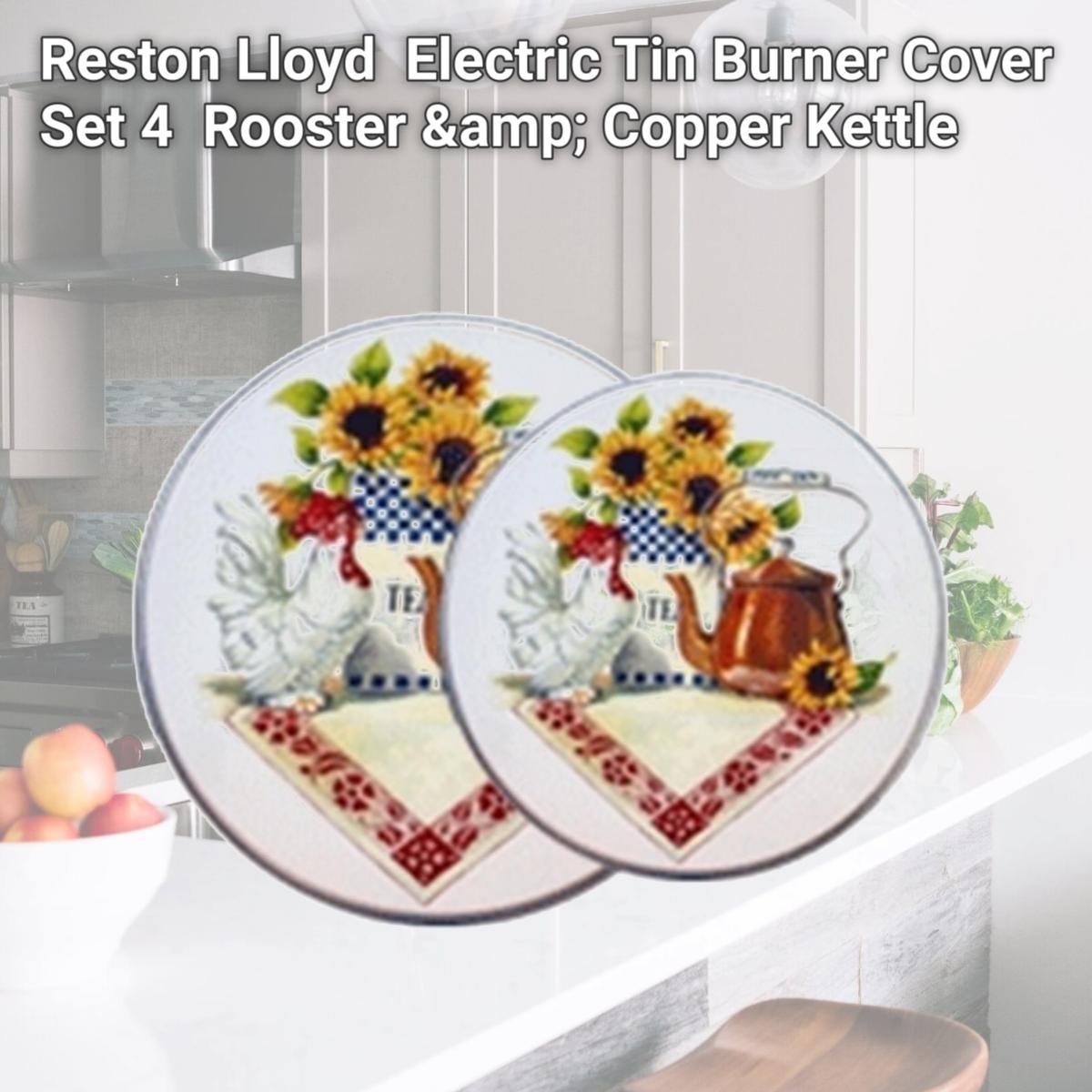 Picture of Reston Lloyd 4-413-W Electric Tin Burner Cover Set 4  Rooster &amp; Copper Kettle 