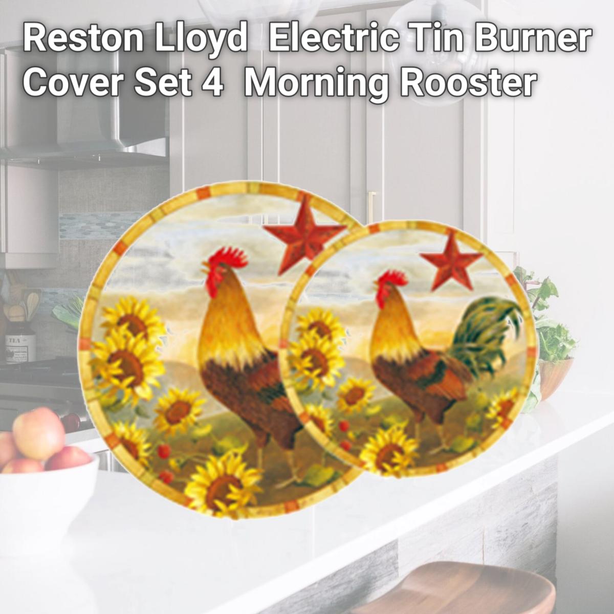 Picture of Reston Lloyd Burner Covers for Electric Stovetop, Decorative Lightweight Tin Covers, Set of 4 Covers (2-8 inch &amp; 2-10 inch), Conceals Messy Drip Pans  - Morning Rooster