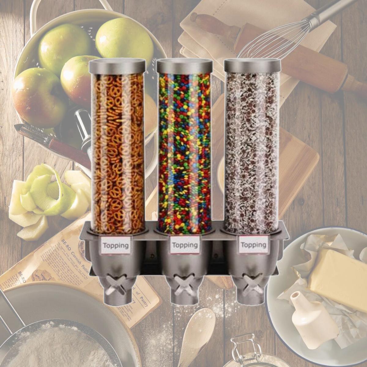 Picture of Rosseto EZ525 Three Container Ice Cream Topping Candy Wall Mount Dispenser - 1.3 Gallon Each