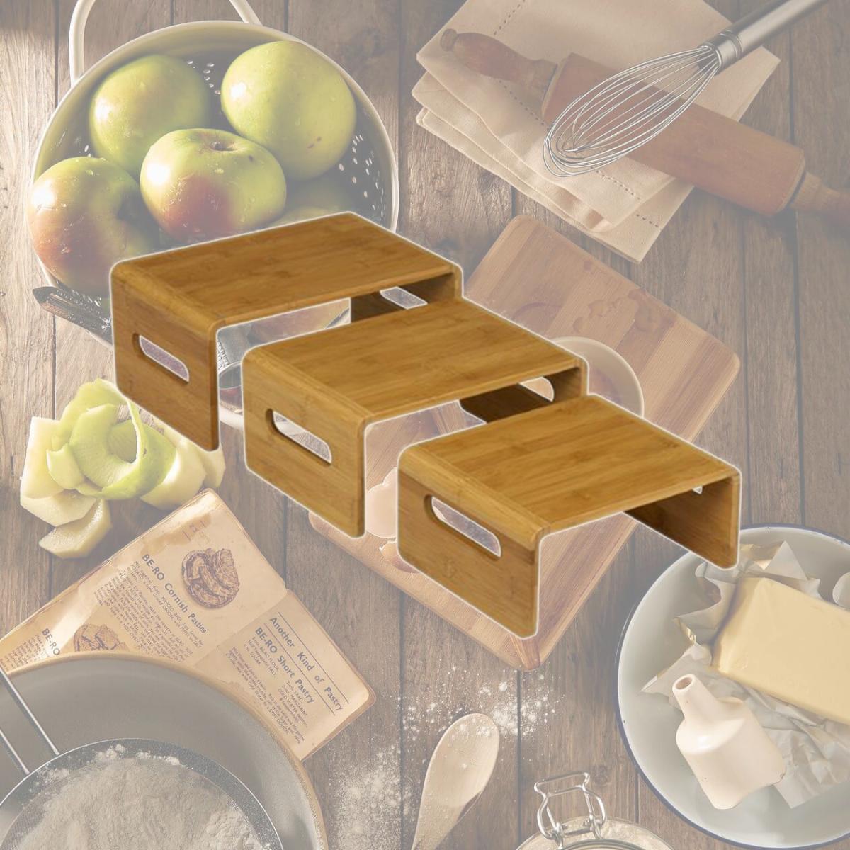 Picture of Rosseto Serving Solutions SB101 Rectangular Riser Bamboo Natural Finish- 3 Piece Set