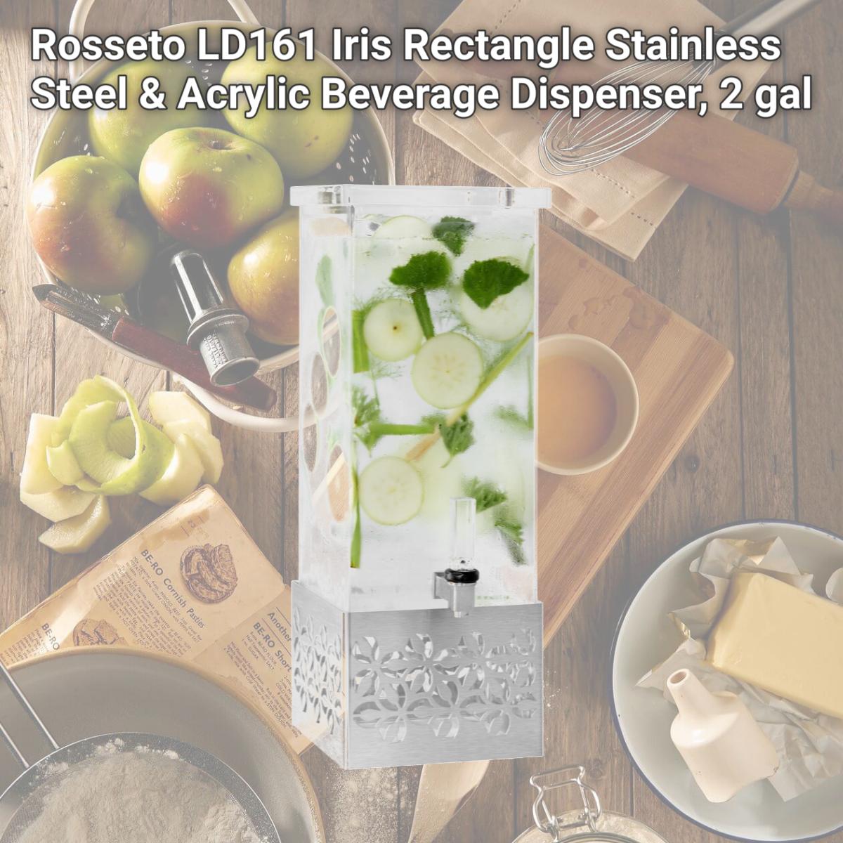 Picture of Rosseto LD161 Iris Rectangle Stainless Steel & Acrylic Beverage Dispenser, 2 gal