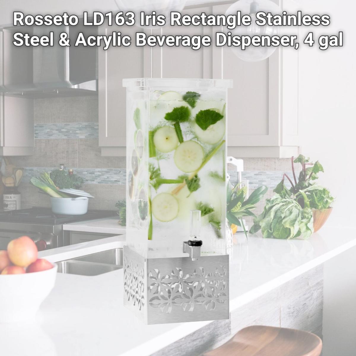 Picture of Rosseto LD163 Iris Rectangle Stainless Steel & Acrylic Beverage Dispenser, 4 gal