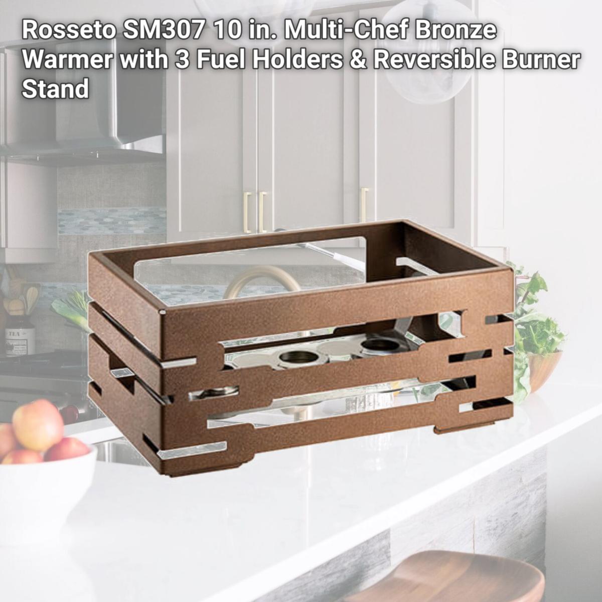 Picture of Rosseto SM307 10 in. Multi-Chef Bronze Warmer with 3 Fuel Holders & Reversible Burner Stand