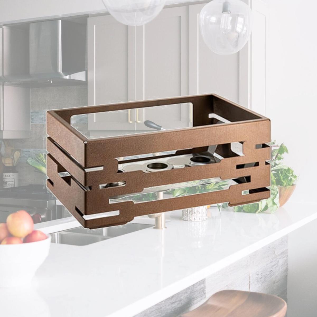 Picture of Rosseto SM307 10 in. Multi-Chef Bronze Warmer with 3 Fuel Holders & Reversible Burner Stand