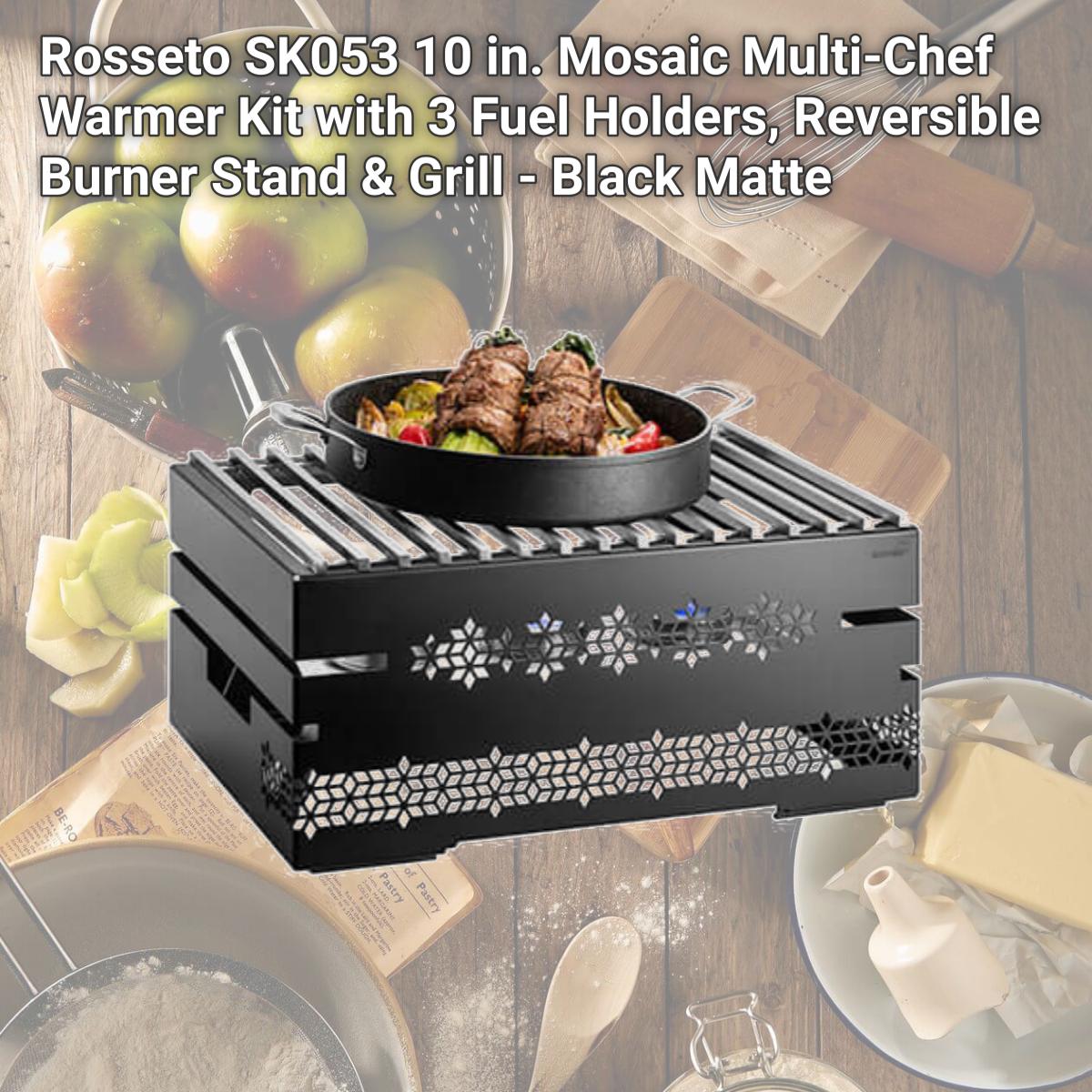 Picture of Rosseto SK053 10 in. Mosaic Multi-Chef Warmer Kit with 3 Fuel Holders, Reversible Burner Stand & Grill - Black Matte