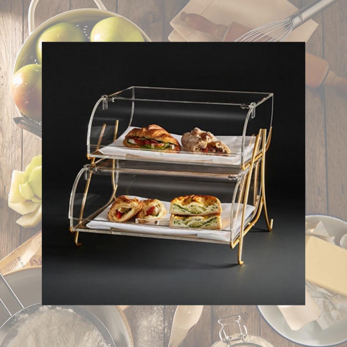 Picture of Rosseto BK020 2-Tier Clear Acrylic Bakery Display Case with Brass Metal Stand