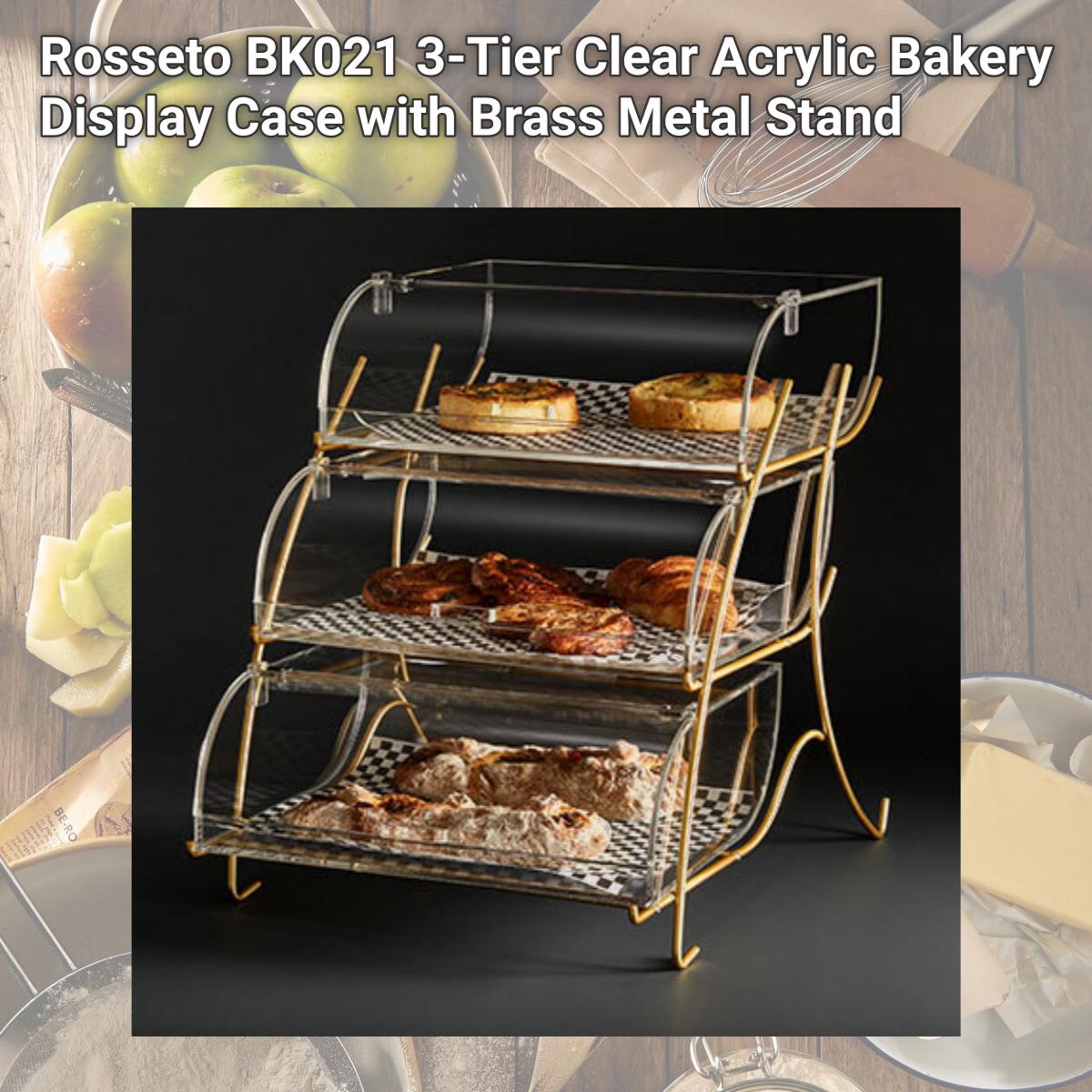 Picture of Rosseto BK021 3-Tier Clear Acrylic Bakery Display Case with Brass Metal Stand