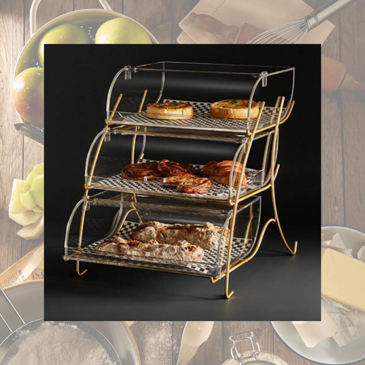 Picture of Rosseto BK021 3-Tier Clear Acrylic Bakery Display Case with Brass Metal Stand