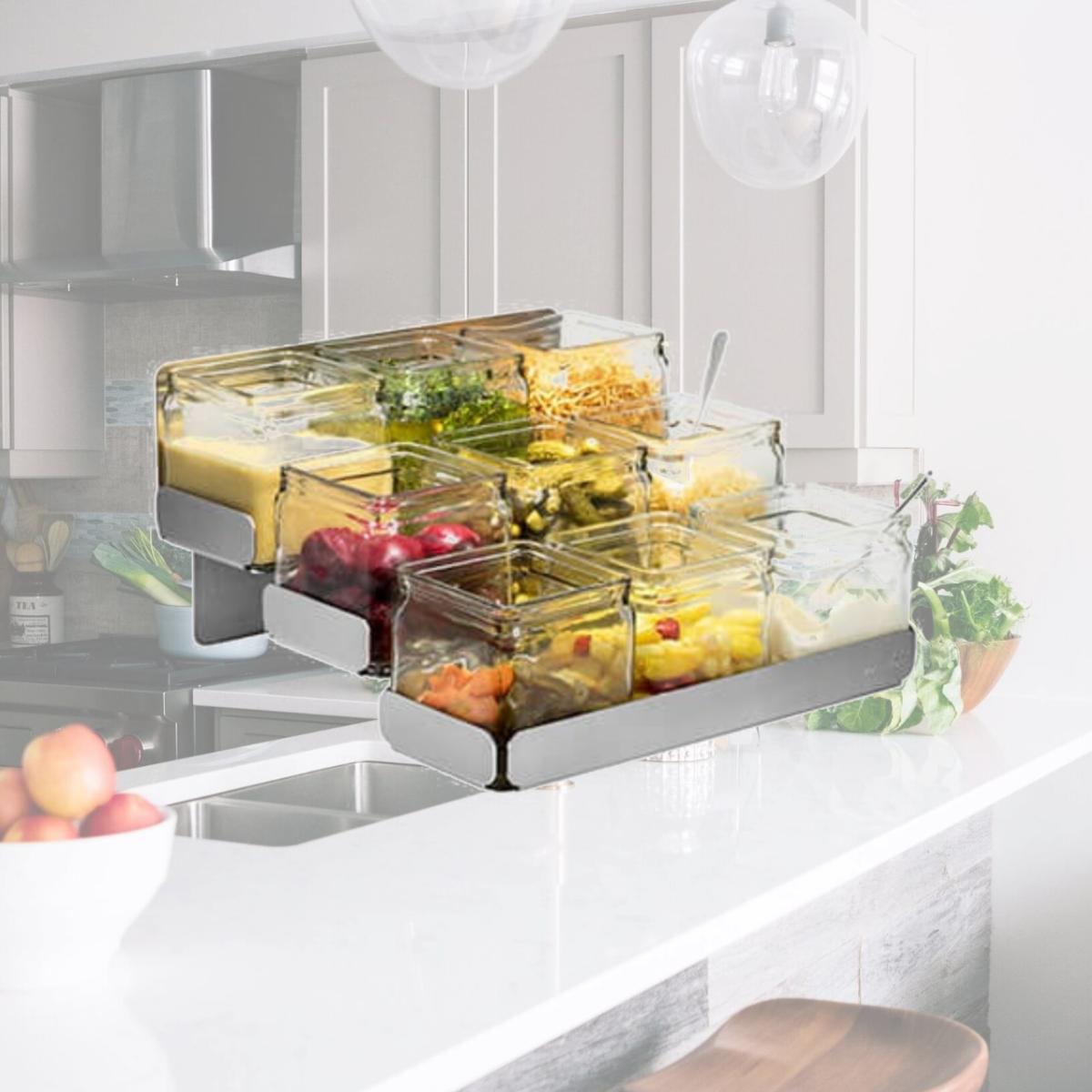 Picture of Rosseto SM323 Condiments Station 3 Levels 9 Glass Jars Stainless Steel Holder, 12.6 x 12.4 x 6.9 in.