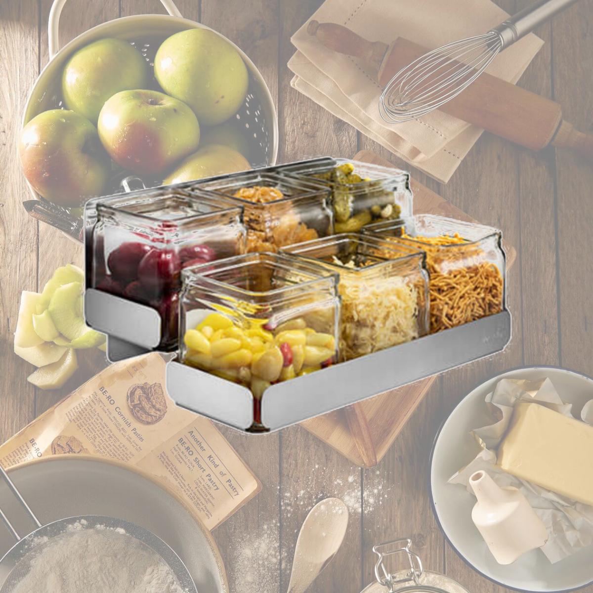 Picture of Rosseto SM322 Condiments Station-2 Levels 6 Glass Jars Stainless Steel Holder, 12.6 x 8.3 x 5.5 in.