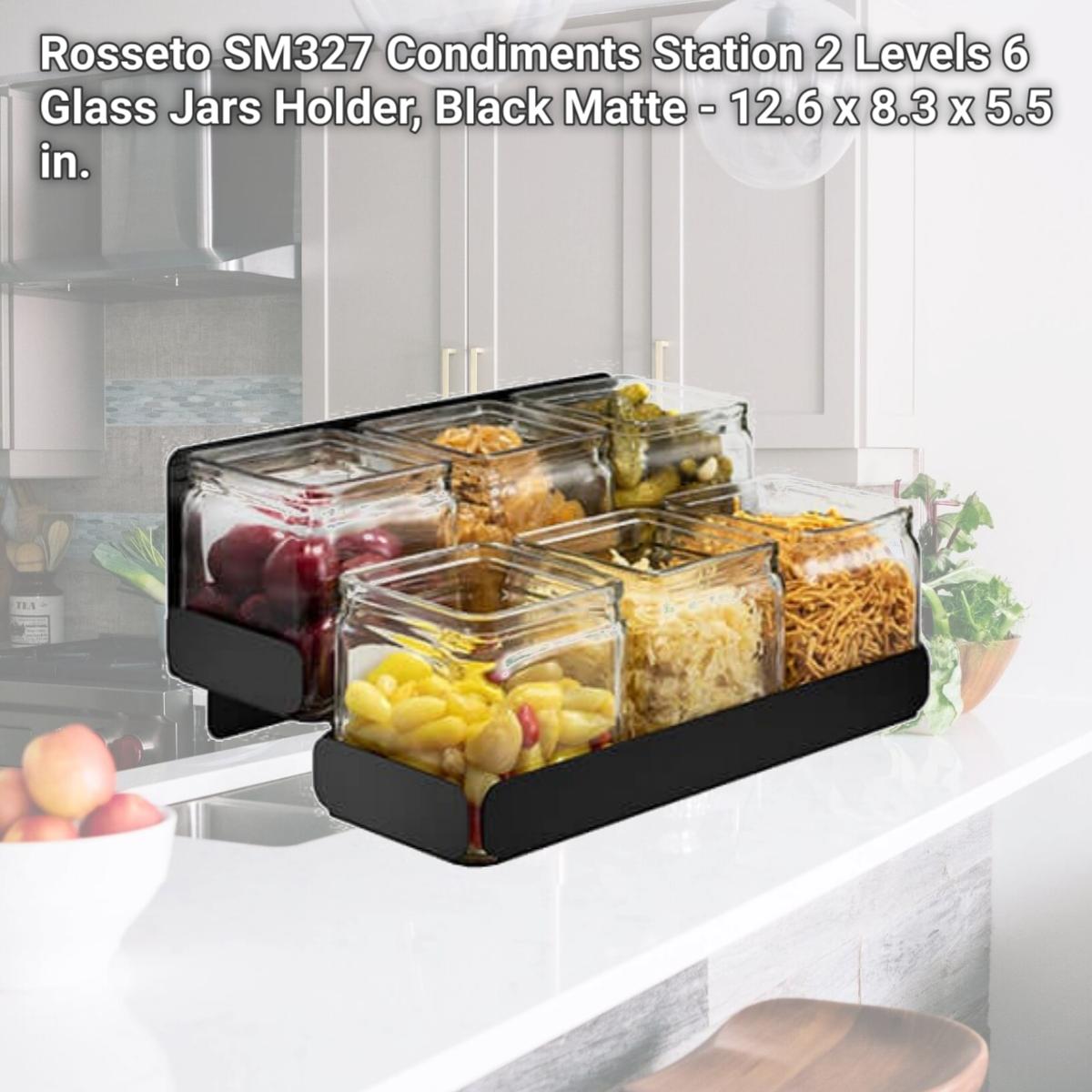 Picture of Rosseto SM327 Condiments Station 2 Levels 6 Glass Jars Holder, Black Matte - 12.6 x 8.3 x 5.5 in.