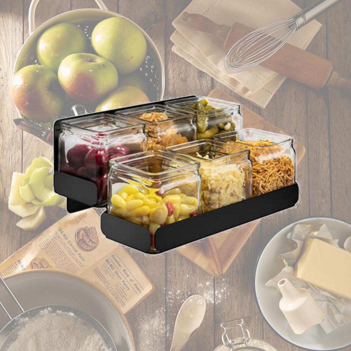 Picture of Rosseto SM327 Condiments Station 2 Levels 6 Glass Jars Holder, Black Matte - 12.6 x 8.3 x 5.5 in.