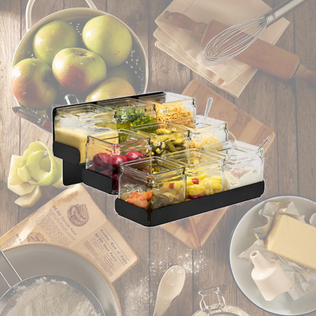 Picture of Rosseto SM328 Condiments Station 3 Levels 9 Glass Jars Holder, Black Matte - 12.6 x 12.4 x 6.9 in.