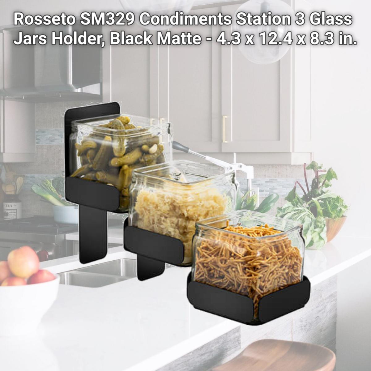 Picture of Rosseto SM329 Condiments Station 3 Glass Jars Holder, Black Matte - 4.3 x 12.4 x 8.3 in.