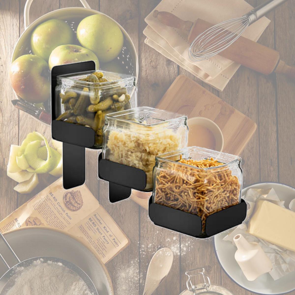 Picture of Rosseto SM329 Condiments Station 3 Glass Jars Holder, Black Matte - 4.3 x 12.4 x 8.3 in.
