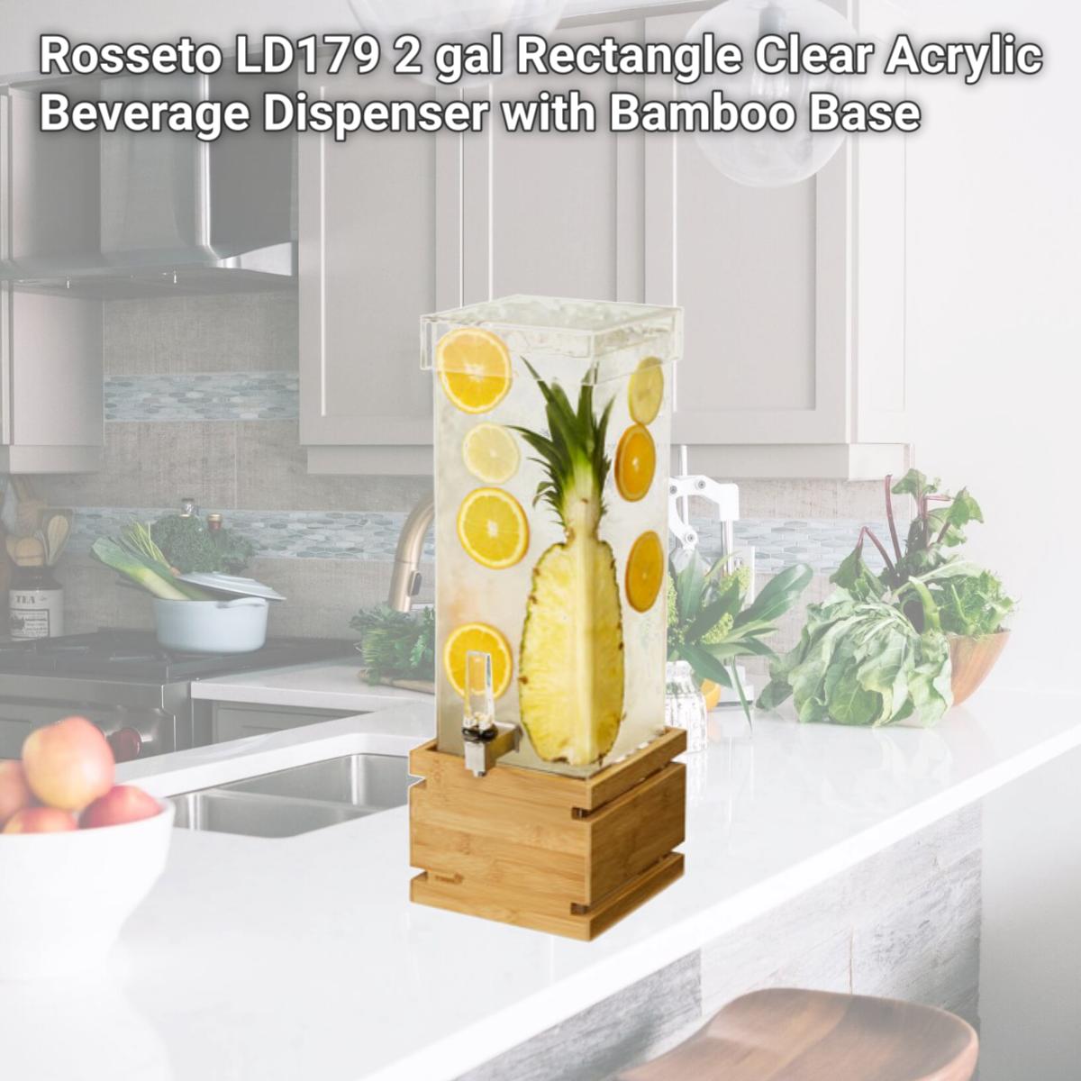 Picture of Rosseto LD179 2 gal Rectangle Clear Acrylic Beverage Dispenser with Bamboo Base