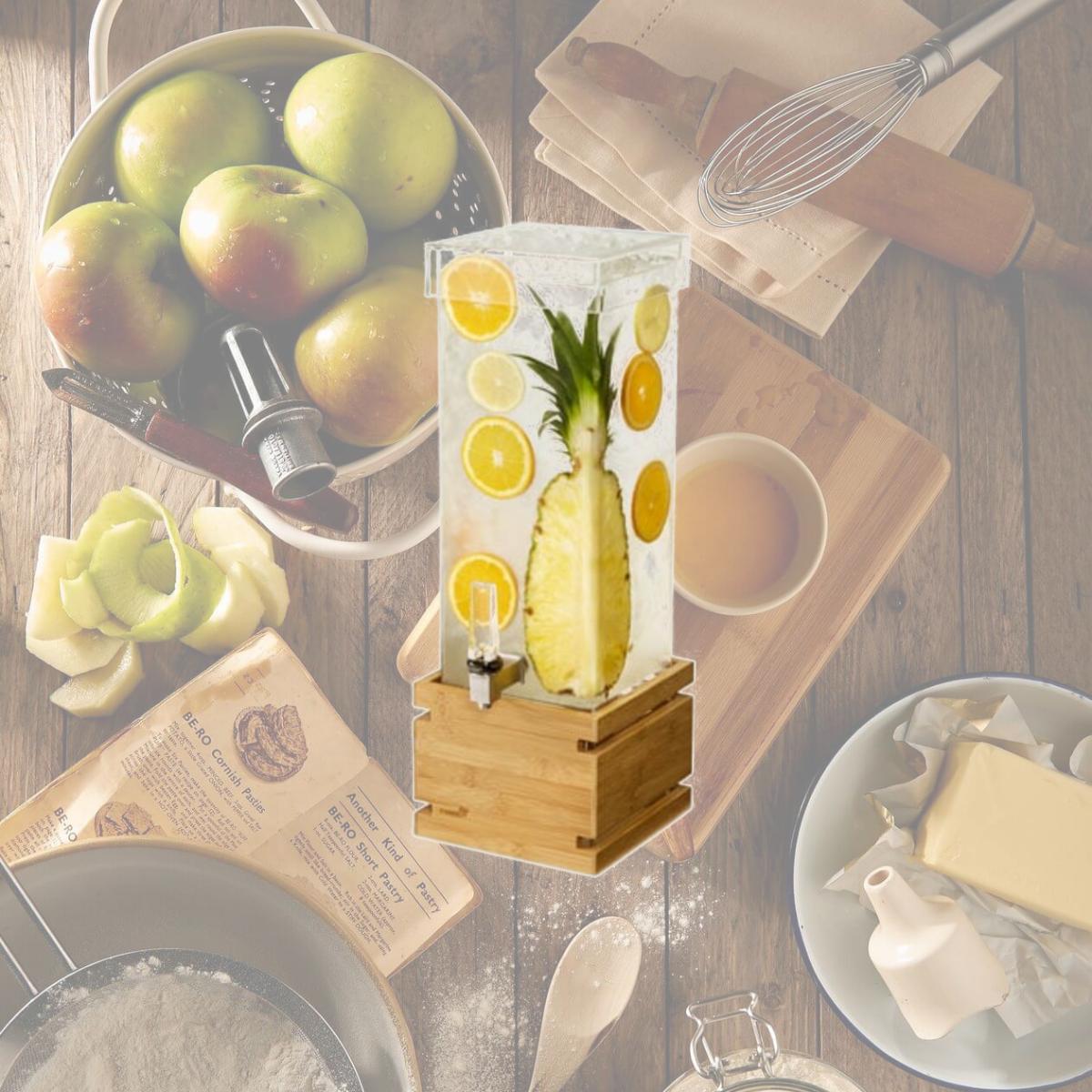 Picture of Rosseto LD179 2 gal Rectangle Clear Acrylic Beverage Dispenser with Bamboo Base
