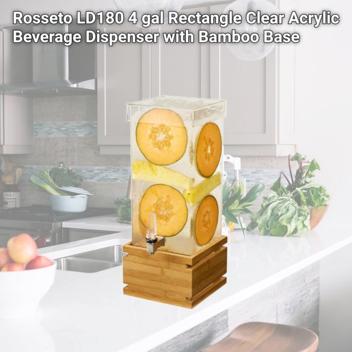 Picture of Rosseto LD180 4 gal Rectangle Clear Acrylic Beverage Dispenser with Bamboo Base