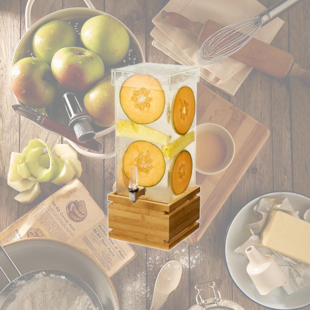 Picture of Rosseto LD180 4 gal Rectangle Clear Acrylic Beverage Dispenser with Bamboo Base
