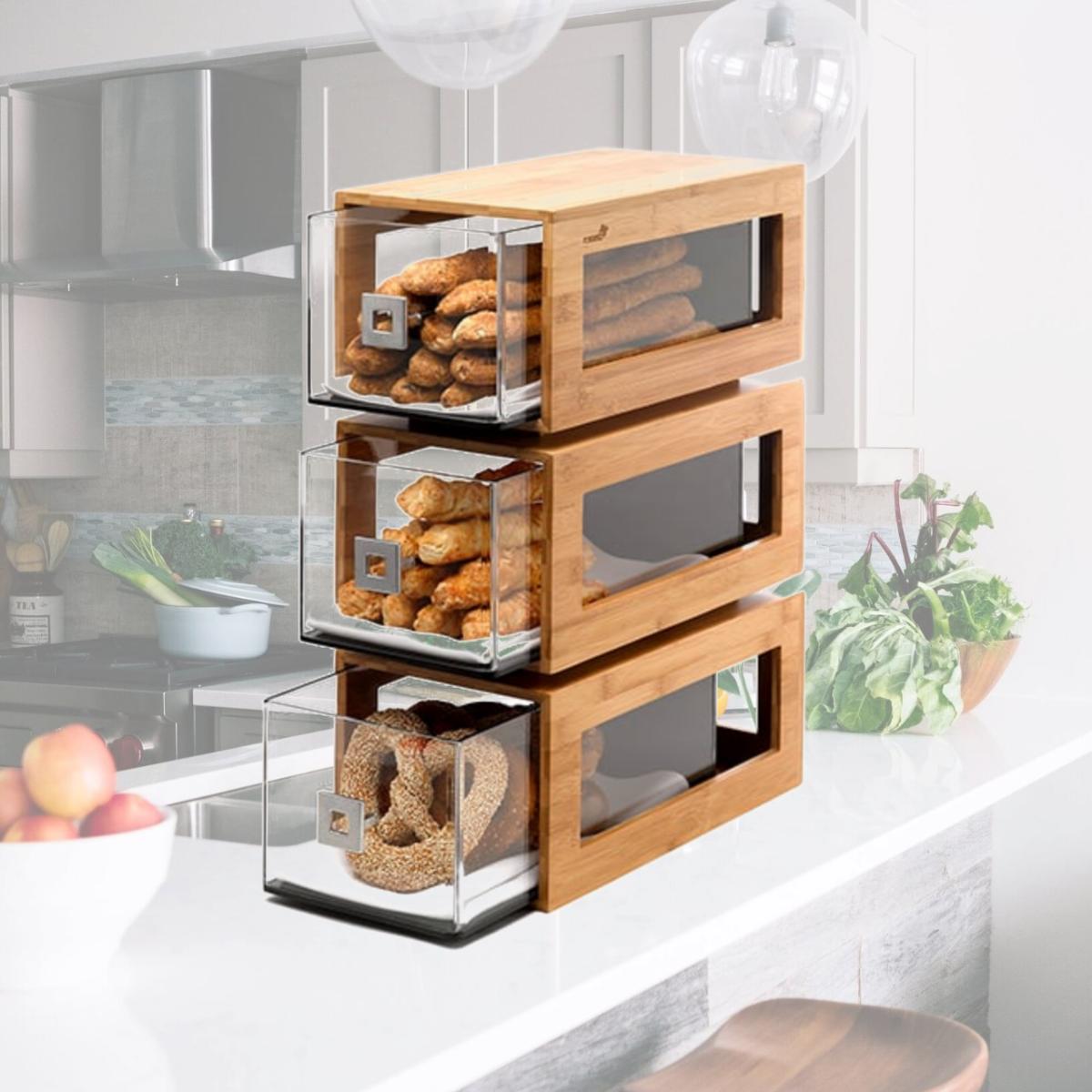 Picture of Rosseto BD104 Three-Tier Bamboo Bakery Display Column with Clear Acrylic Drawers