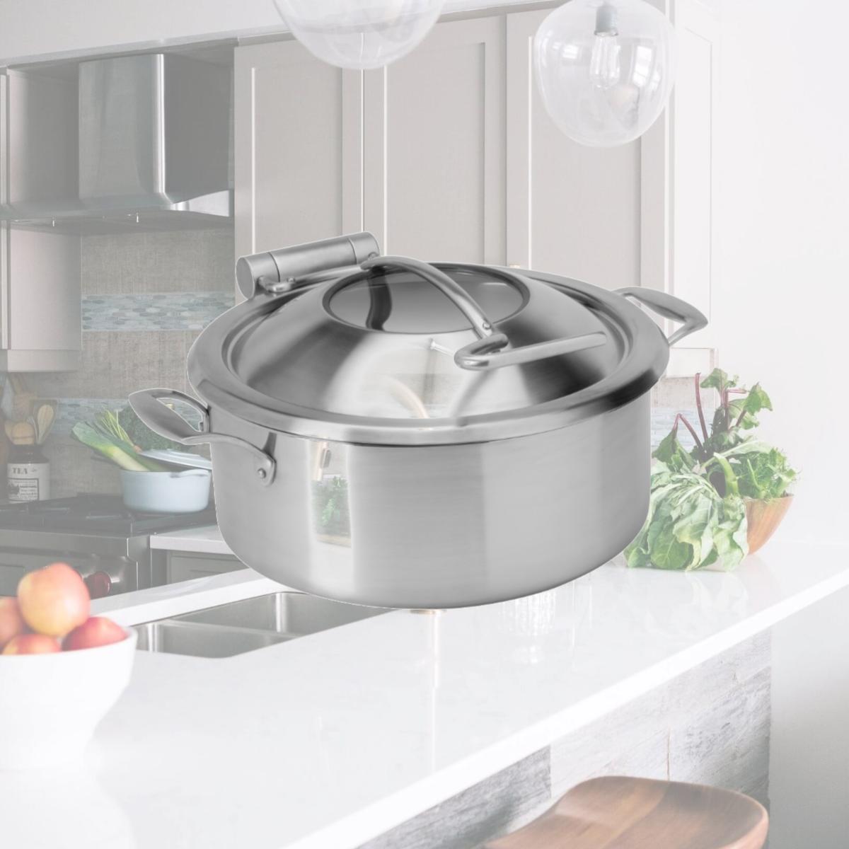 Picture of Rosseto CP100 4.75 qt. Homestyle Round Brushed Chafing Induction Pot with Food Pan, Silver