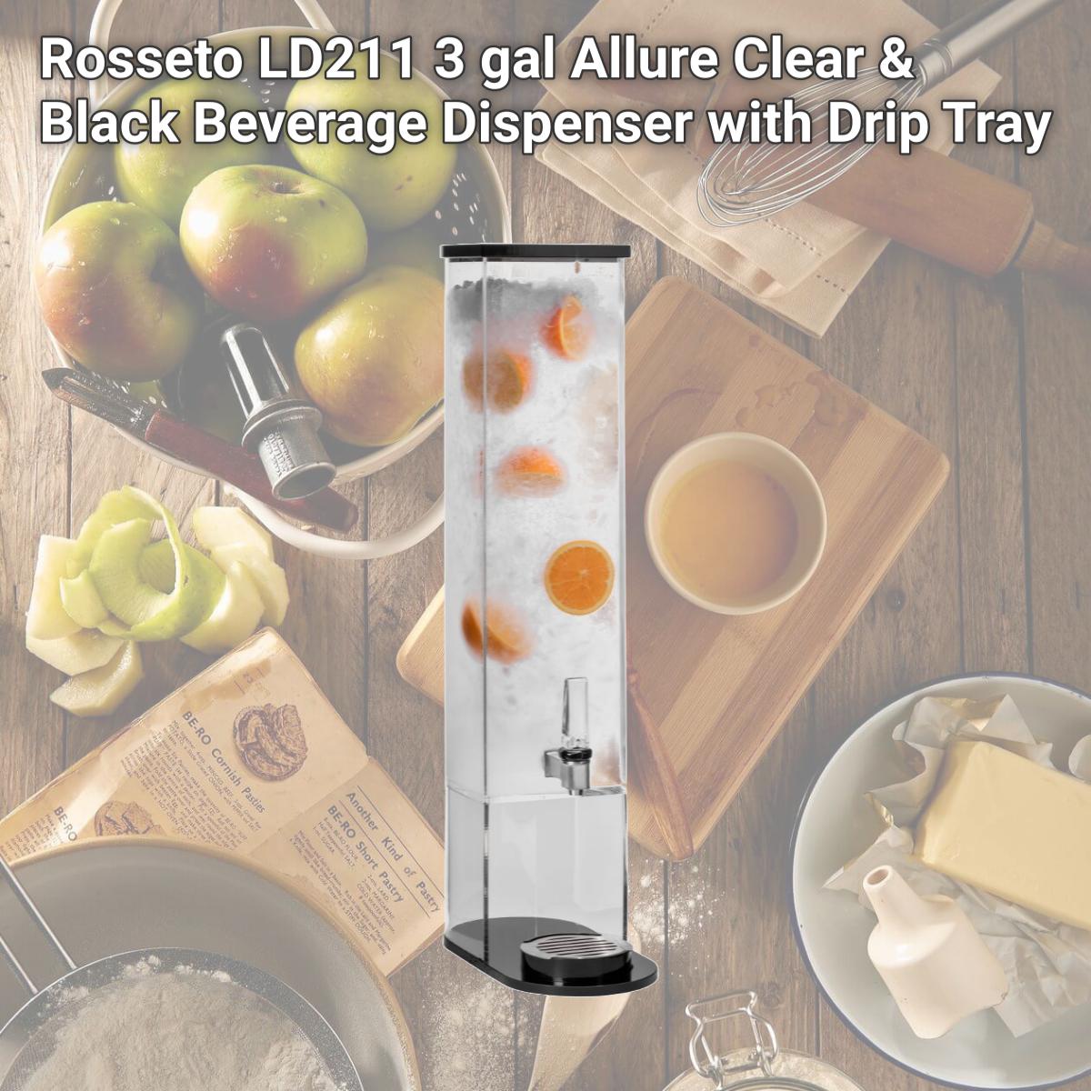 Picture of Rosseto LD211 3 gal Allure Clear & Black Beverage Dispenser with Drip Tray
