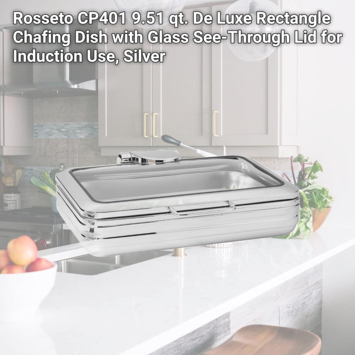 Picture of Rosseto CP401 9.51 qt. De Luxe Rectangle Chafing Dish with Glass See-Through Lid for Induction Use, Silver
