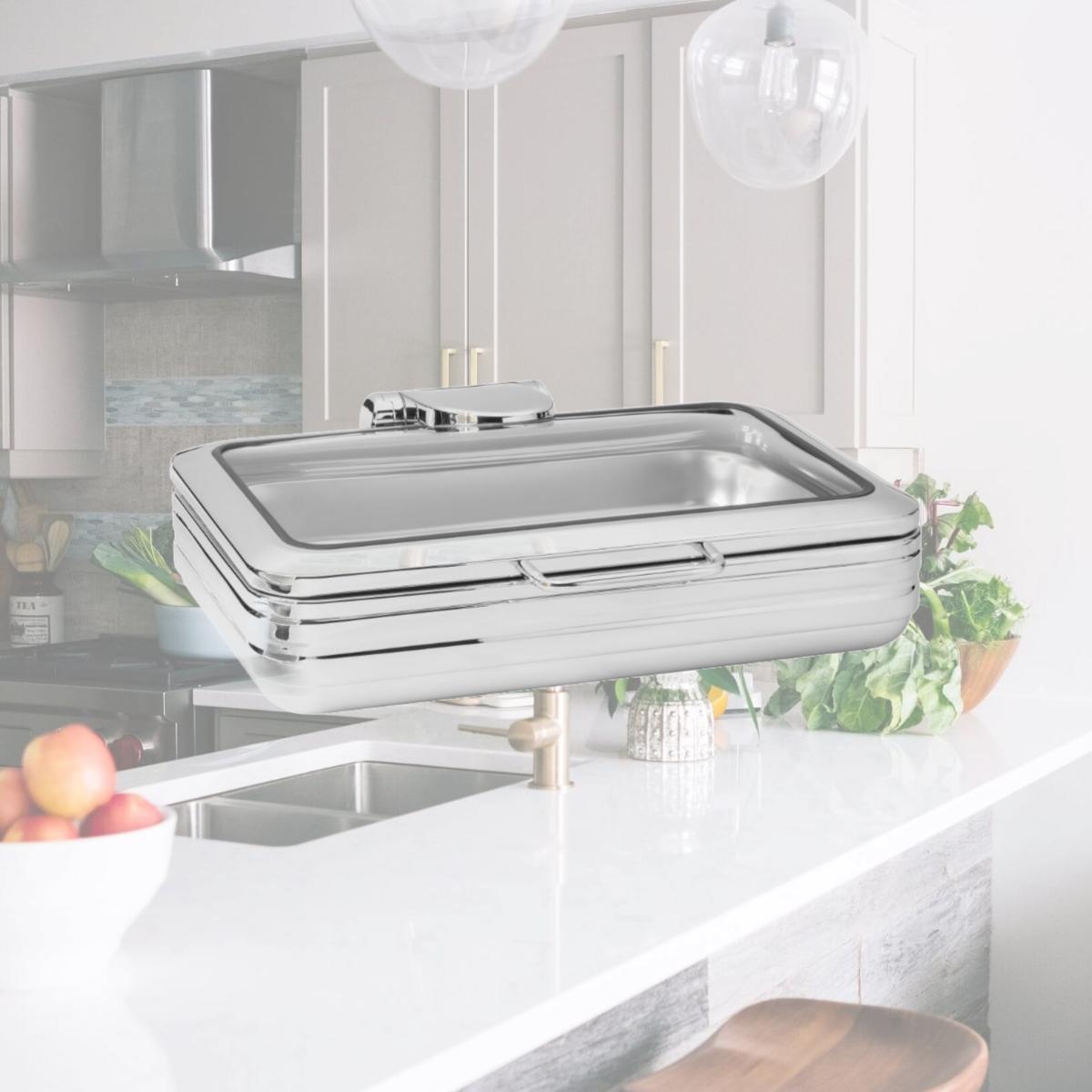 Picture of Rosseto CP401 9.51 qt. De Luxe Rectangle Chafing Dish with Glass See-Through Lid for Induction Use, Silver