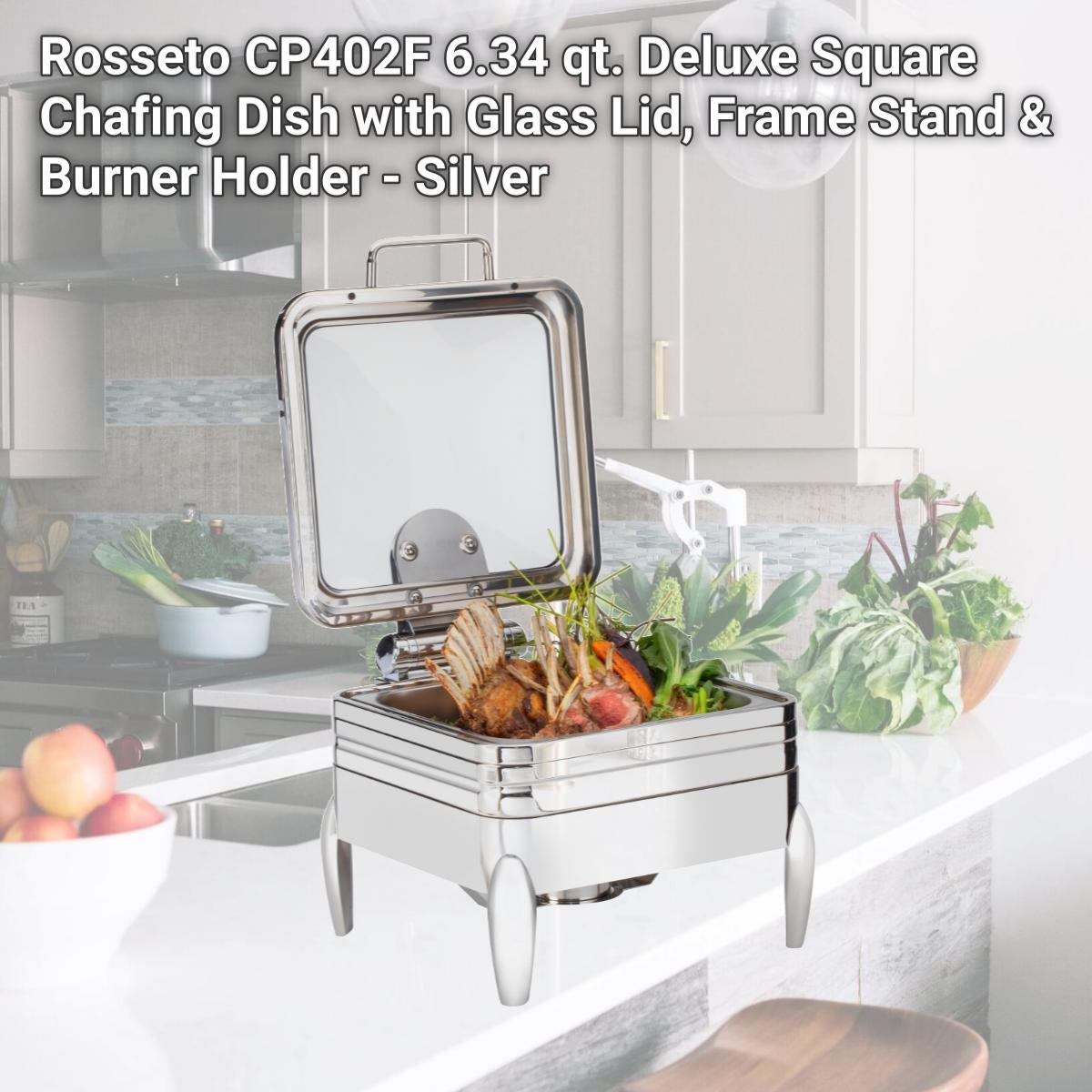 Picture of Rosseto CP402F 6.34 qt. Deluxe Square Chafing Dish with Glass Lid, Frame Stand & Burner Holder - Silver