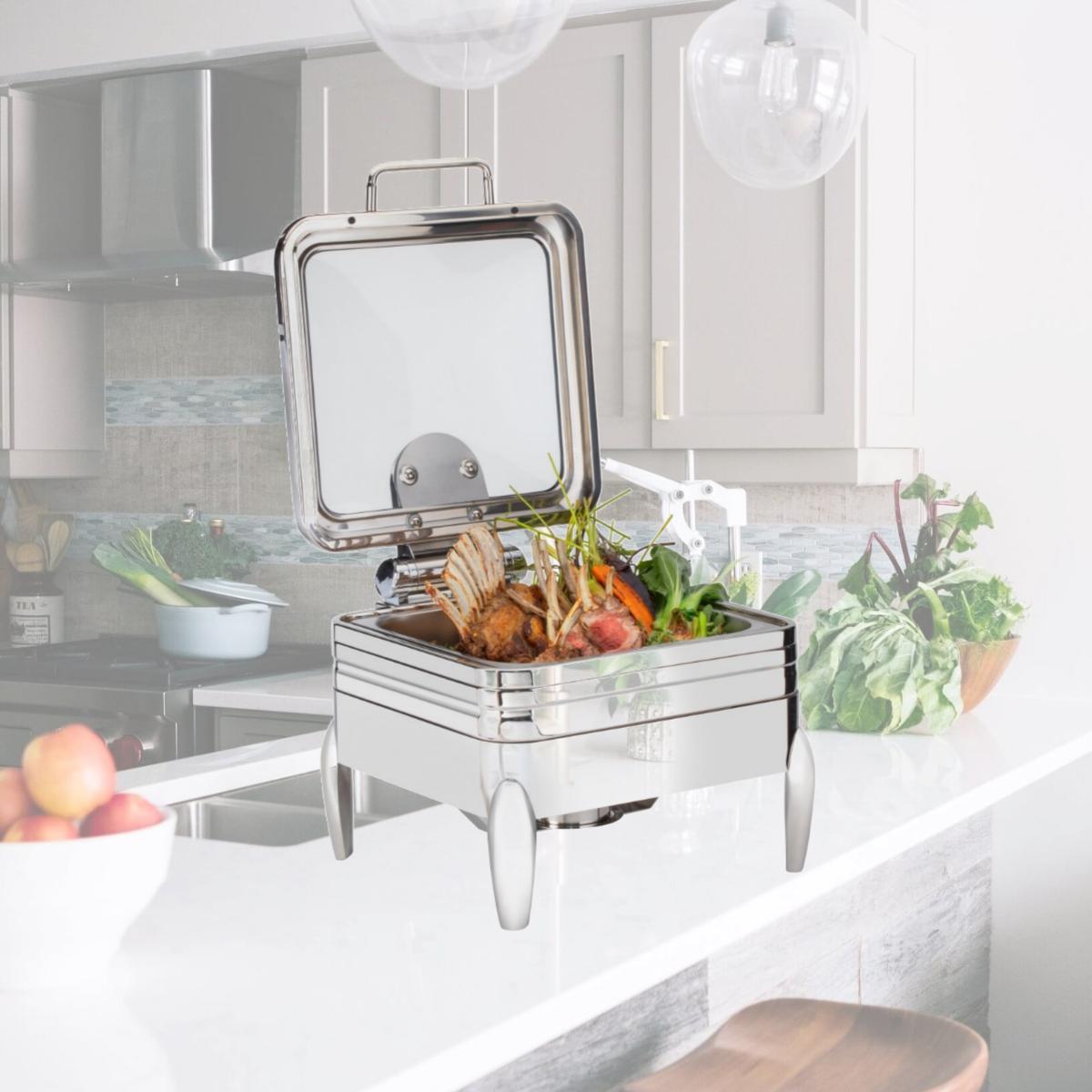 Picture of Rosseto CP402F 6.34 qt. Deluxe Square Chafing Dish with Glass Lid, Frame Stand & Burner Holder - Silver